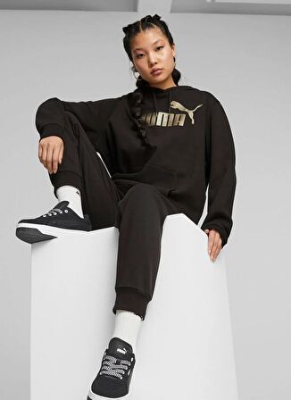 Puma Siyah Kadın Kapüşon Yaka Normal Kalıp Sweatshirt 84909651 ESS+ Metallic Logo  Hoodie