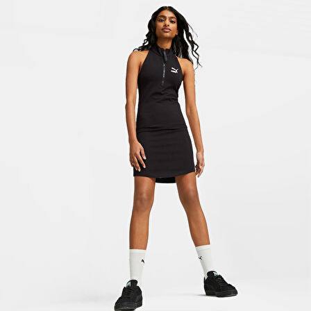 Puma 539503-01 T7 Half-Zip Mock Neck Dress Kadın Siyah Yarım Fermuarlı Elbise