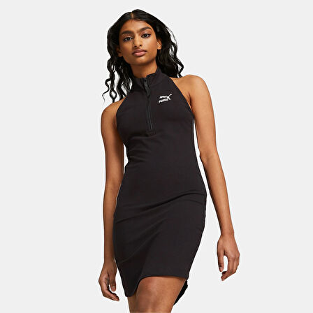 Puma 539503-01 T7 Half-Zip Mock Neck Dress Kadın Siyah Yarım Fermuarlı Elbise