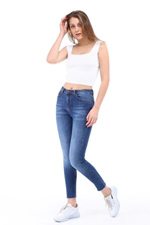 Cedy Denim Kadın Hafif Likralı Skinny Fit Paça Detaylı Pantalon