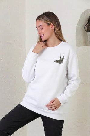 Unisex Köpek Balığı Baskılı Bisiklet Yaka Sweatshirt