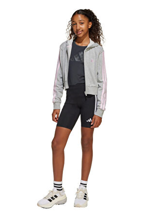 adidas Kapüşon Yaka Çizgili Gri - Pembe Kız Çocuk Eşofman Üstü JJ0949-JG 3S FT FZ CRO