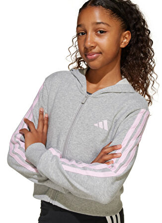 adidas Kapüşon Yaka Çizgili Gri - Pembe Kız Çocuk Eşofman Üstü JJ0949-JG 3S FT FZ CRO