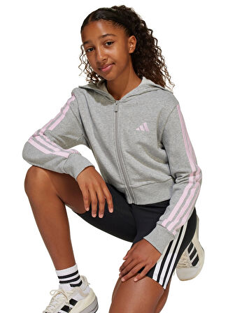 adidas Kapüşon Yaka Çizgili Gri - Pembe Kız Çocuk Eşofman Üstü JJ0949-JG 3S FT FZ CRO