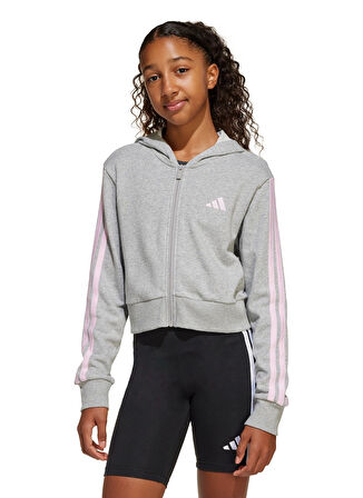 adidas Kapüşon Yaka Çizgili Gri - Pembe Kız Çocuk Eşofman Üstü JJ0949-JG 3S FT FZ CRO