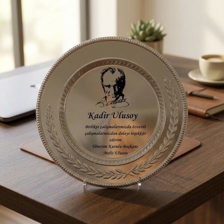 Atatürk Tasarımlı Ayaklı Gümüş Metal Tabak Plaket - Kişiye Özel Baskılı Teşekkür Ödülü