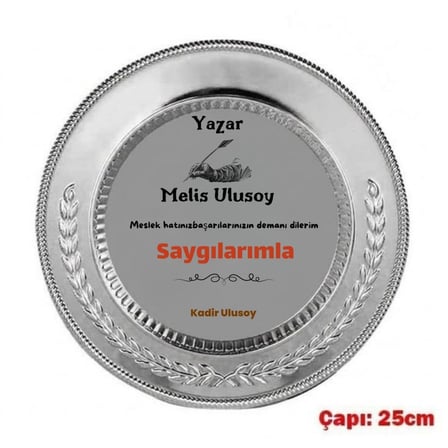 Yazara Hediye Kişiye Özel İsimli Teşekkür Plaketi Gümüş Renk Metal Tabak