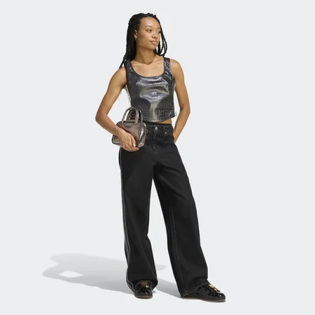 Adidas PLEATHER CORSET Kadın Tişört Siyah XS Suni Deri Crop Kolsuz Kare Yaka Dokulu Dar Kalıp