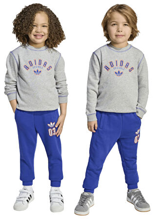 adidas Düz Gri - Mavi Erkek Çocuk Eşofman Takımı JX5260 CREW SET
