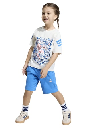 Adidas Beyaz - Mavi Erkek Çocuk Baskılı Şort Takım JZ3573 LK MRVL AV TSET