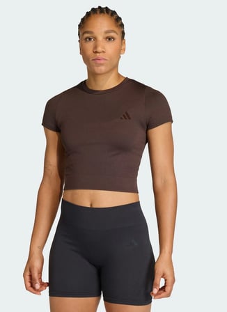 Adidas JZ0128 WE KNIT TEE Koyu Kahve Bisiklet Crop Düz Kadın T-Shirt