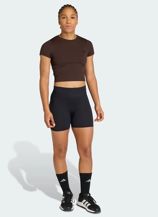Adidas JZ0128 WE KNIT TEE Koyu Kahve Bisiklet Crop Düz Kadın T-Shirt