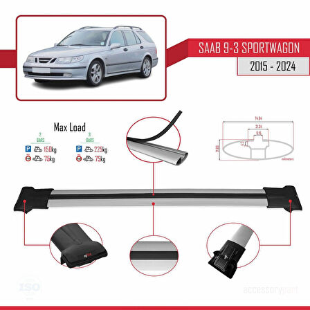 Saab 9-3 II SW 2006-2012 Arası ile Uyumlu FLY Model Ara Atkı Tavan Barı Gri 2 Adet