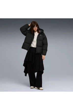 Hooded Down Puffer Jacket Siyah Kadın Kapüşonlu Kaz Tüyü Mont