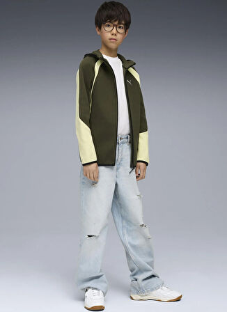 Puma Fermuarlı Yaka Düz Haki Erkek Çocuk Eşofman Üstü 68886370-EVOSTRIPE Full-Zip Hoodie