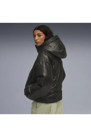 Shiny Hooded Padded Jacket Siyah Kadın Mont