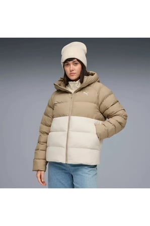 Mono Hooded Jacket Krem ve Bej Kadın Kapüşonlu Kaz Tüyü Mont
