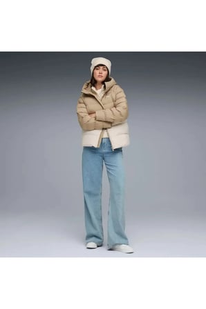 Mono Hooded Jacket Krem ve Bej Kadın Kapüşonlu Kaz Tüyü Mont