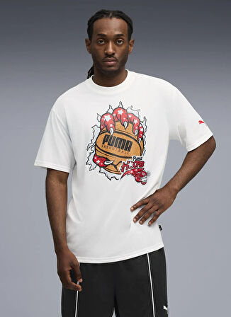 Puma 63289101 Hoopaverse Tee 3 PUMA Whit Beyaz Yuvarlak Yaka Regular Fit Baskılı Erkek T-Shirt