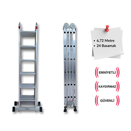 Endokon 6,72 Metre - 24 Basamaklı Katlanır Akrobat Merdiven - Büyük Menteşe - Kalın Profil