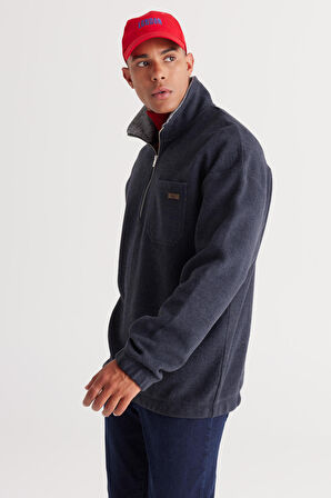 Erkek Indigo Melanj Loose Fit Içi Polarlı Iplik Bato Yaka Pamuklu Sweatshirt