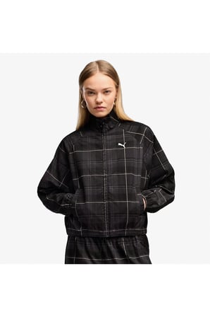 T7 Tartan Woven Kadın Siyah Ceket