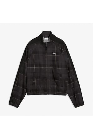 T7 Tartan Woven Kadın Siyah Ceket