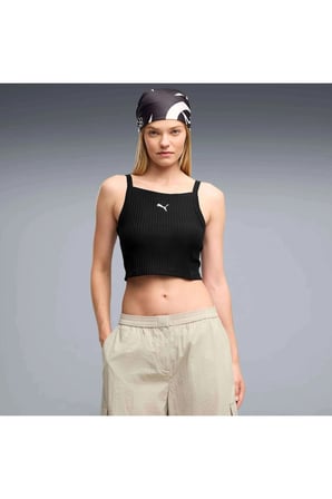 ESS Ribbed Crop Top Siyah Kadın Askılı T-Shirt
