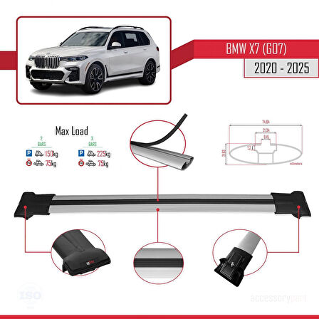 BMW X7 (G07) 2020 ve Sonrası ile Uyumlu FLY Model Ara Atkı Tavan Barı Gri 2 Adet