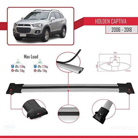 Holden Captiva 2006-2018 Arası ile Uyumlu FLY Model Ara Atkı Tavan Barı Gri 2 Adet