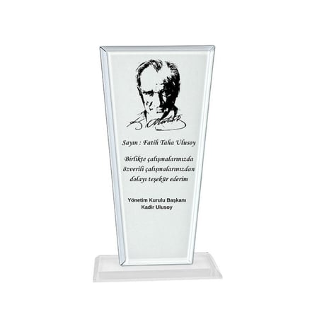 Atatürk Portreli Kristal Cam Plaket - Kişiye Özel Kurumsal Teşekkür Ödülü