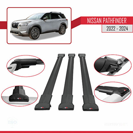 Nissan Pathfinder 2022-2024 Arası ile Uyumlu FLY Model Ara Atkı Tavan Barı Siyah 3 Adet