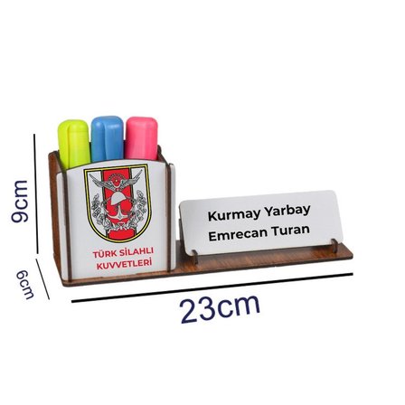 Türk Silahlı Kuvvetleri Amblemli Rütbe ve İsim Yazılı Ahşap Masaüstü Kalemlik Düzenleyici