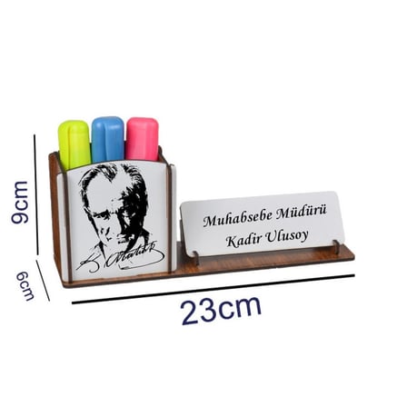 Atatürk Silüetli Kişiye Özel Ahşap Masa İsimliği ve Kalemlik - Ofis ve Yeni İş Hediyesi