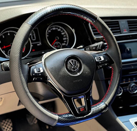 VOLKSWAGEN GOLF 7 ARACA ÖZEL DİREKSİYON KILIFI8NOKTALI-MİCROFİBERCARBON KIRMIZIİPLİ)