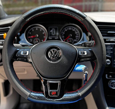 VOLKSWAGEN GOLF 7 ARACA ÖZEL DİREKSİYON KILIFI8NOKTALI-MİCROFİBERCARBON KIRMIZIİPLİ)