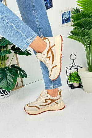 Günlük Kadın Sneaker Bağcıklı Tırtıklı Kalın Tabanlı Yürüyüş Spor Ayakkabı 4077