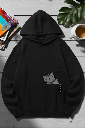 Unisex Uyuyan Kedi Baskılı kapüşonlu Sweatshirt