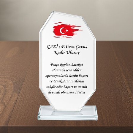 Kişiye Özel Türk Bayraklı Askeri Kristal Cam Plaket - Gazilik, Tayin ve Üstün Başarı Ödülü