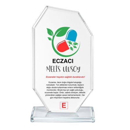 Kişiye Özel Eczacı Kristal Cam Plaket - Eczane Açılış ve Eczacılık Fakültesi Mezuniyet Hediyesi