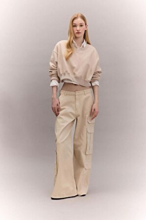 DeFacto Coool Basic Düz Wide Leg Geniş Bol Paça Pantolon Gabardin Kumaş Kargo Cepli C3890AX24SPBG702