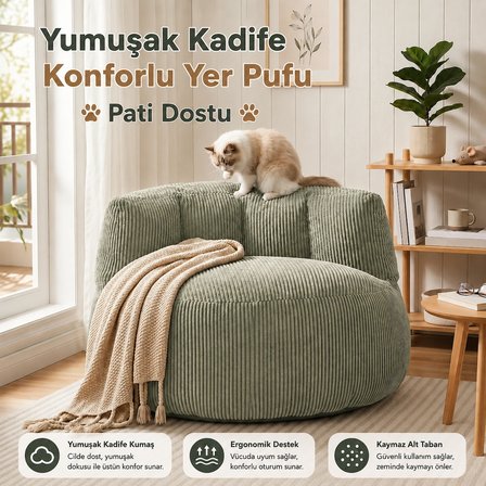Puffiber Premium Yer Pufu Fitilli Kadife Tek Kişilik Relax Koltuk 94x76 Cm