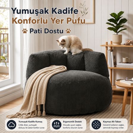 Puffiber Premium Yer Pufu Fitilli Kadife Tek Kişilik Relax Koltuk 94x76 Cm