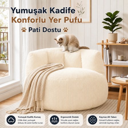 Puffiber Premium Yer Pufu Fitilli Kadife Tek Kişilik Relax Koltuk 94x76 Cm