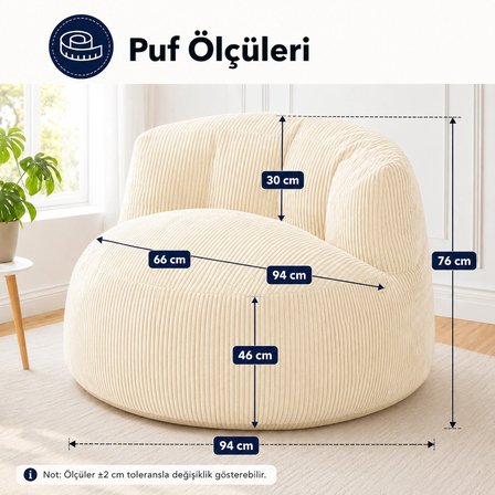 Puffiber Premium Yer Pufu Fitilli Kadife Tek Kişilik Relax Koltuk 94x76 Cm