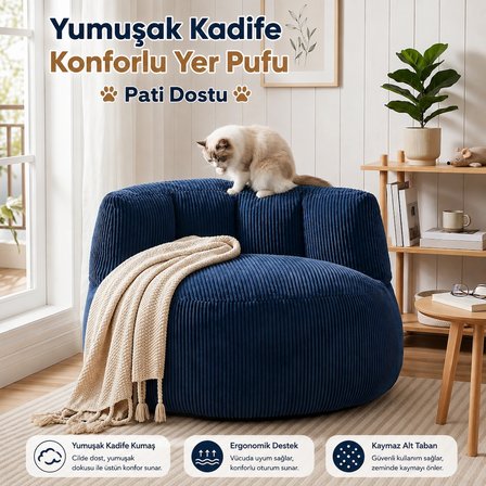 Puffiber Premium Yer Pufu Fitilli Kadife Tek Kişilik Relax Koltuk 94x76 Cm