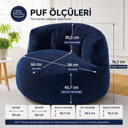 Puffiber Premium Yer Pufu Fitilli Kadife Tek Kişilik Relax Koltuk 94x76 Cm