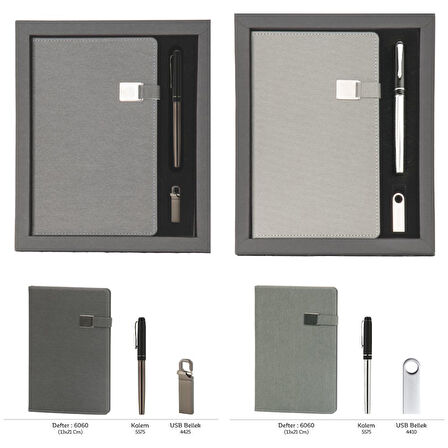 VIP Hediyelik Set - Defter, Kalem ve USB Bellek - (3’lü Kurumsal Hediye Seti) - 4080 GRİ