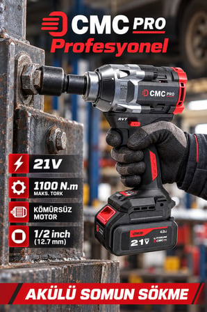 CMC Profesyonel 21V Kömürsüz Akülü Somun Sökme ve Sıkma Makinesi – 1100 Nm, 1/2 İnç, Çift 4 Ah Akü