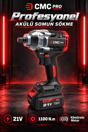 CMC Profesyonel 21V Kömürsüz Akülü Somun Sökme ve Sıkma Makinesi – 1100 Nm, 1/2 İnç, Çift 4 Ah Akü